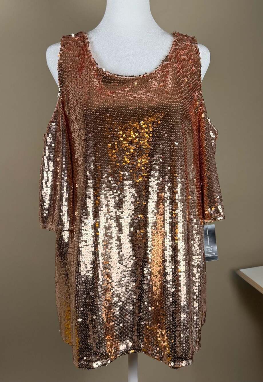INC International Concepts XL Rose Gold Sequin Cold Shoulder Top NWT $89.50